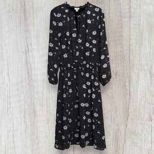 J CREW Factory Black White Tiny Dot Daisy Floral Print Smocked Waist Midi Dress